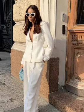 Advbridge Street Blazer Pants Sets Women Deep V-neck Single Breasted Jacket Wide Leg Trousers Female Sets 2024 Autumn Lady Office Outfits