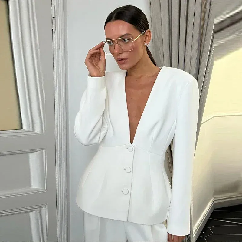 Advbridge Street Blazer Pants Sets Women Deep V-neck Single Breasted Jacket Wide Leg Trousers Female Sets 2024 Autumn Lady Office Outfits