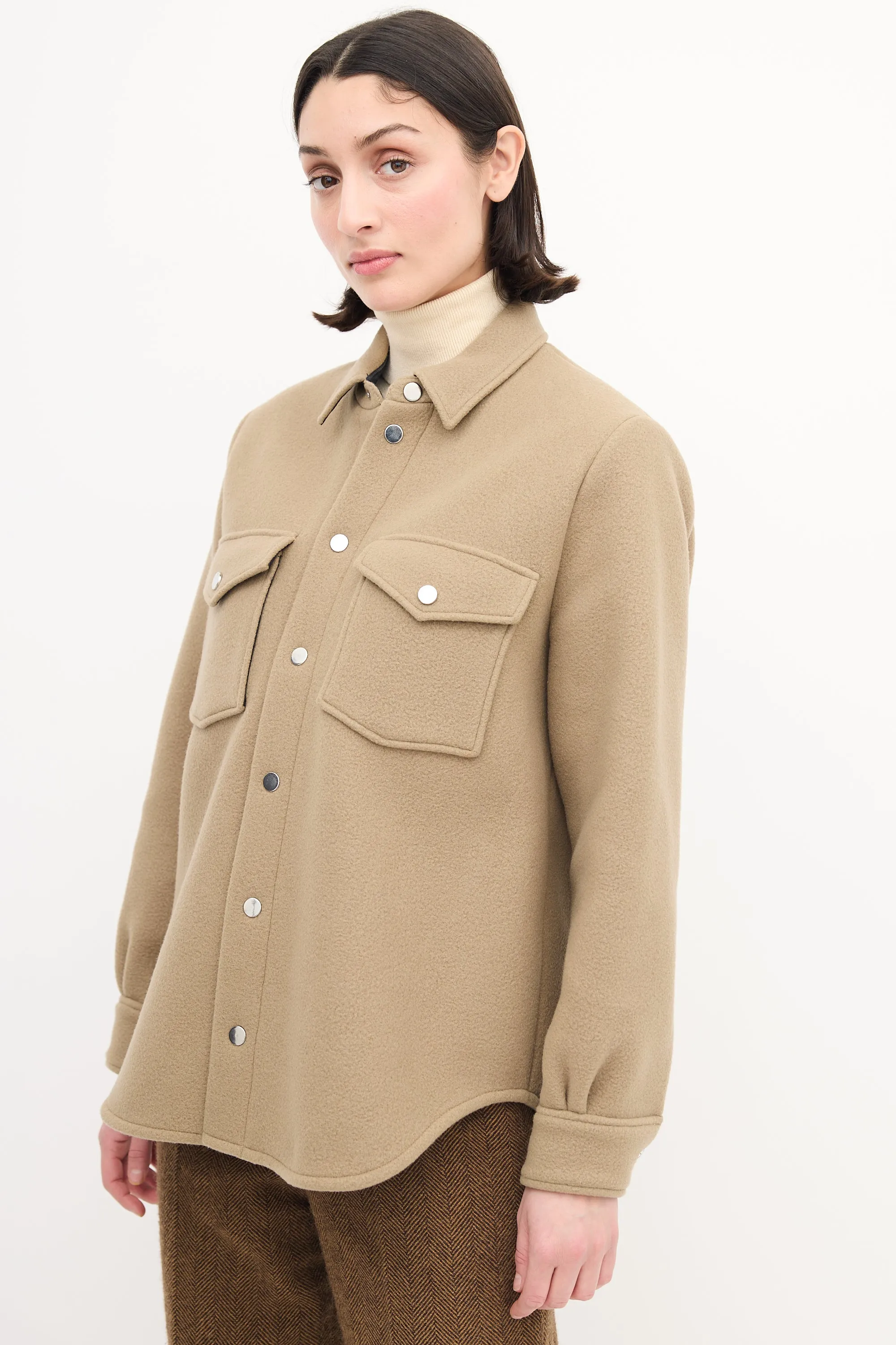 Beige Wool Snap Button Up Shirt