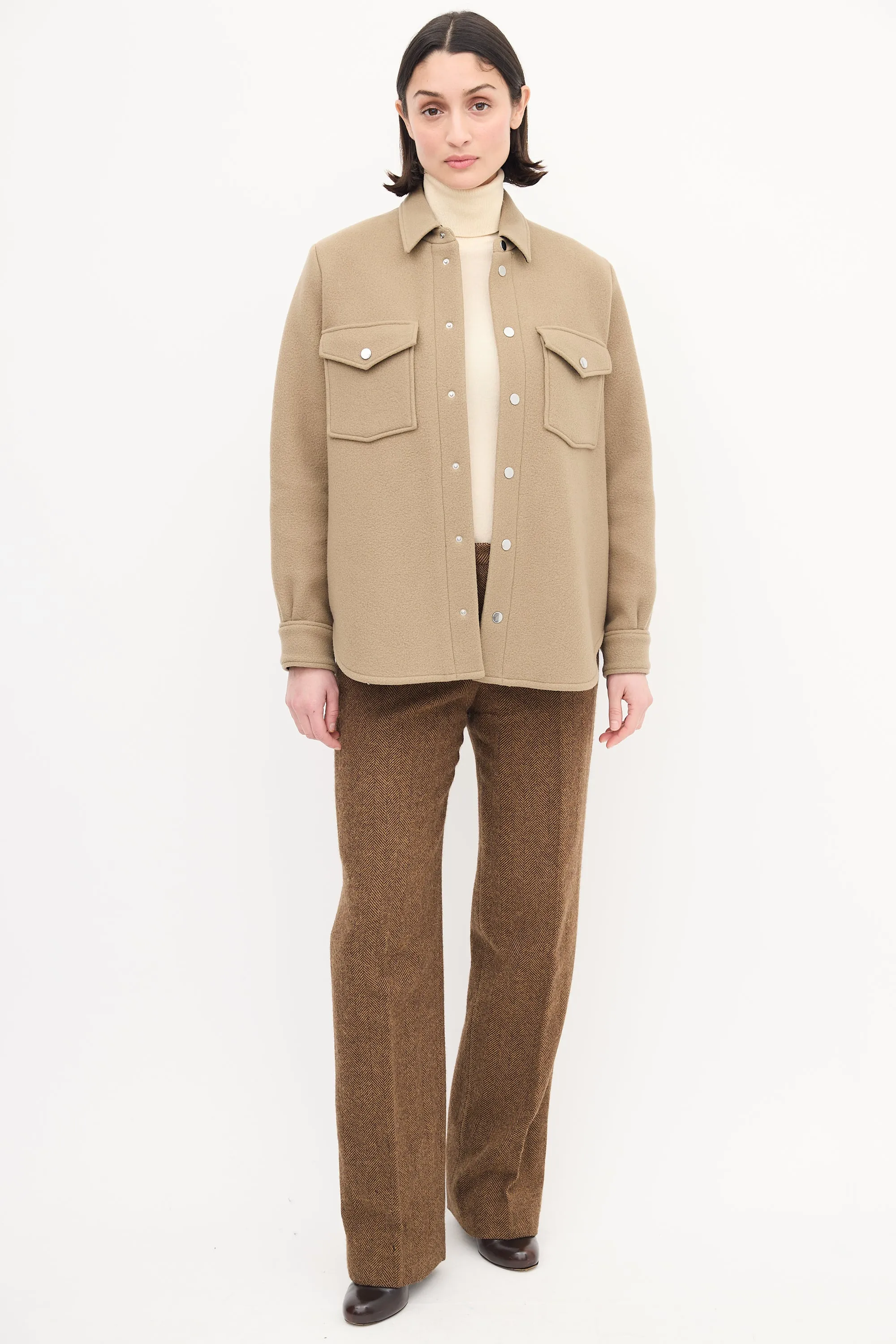 Beige Wool Snap Button Up Shirt