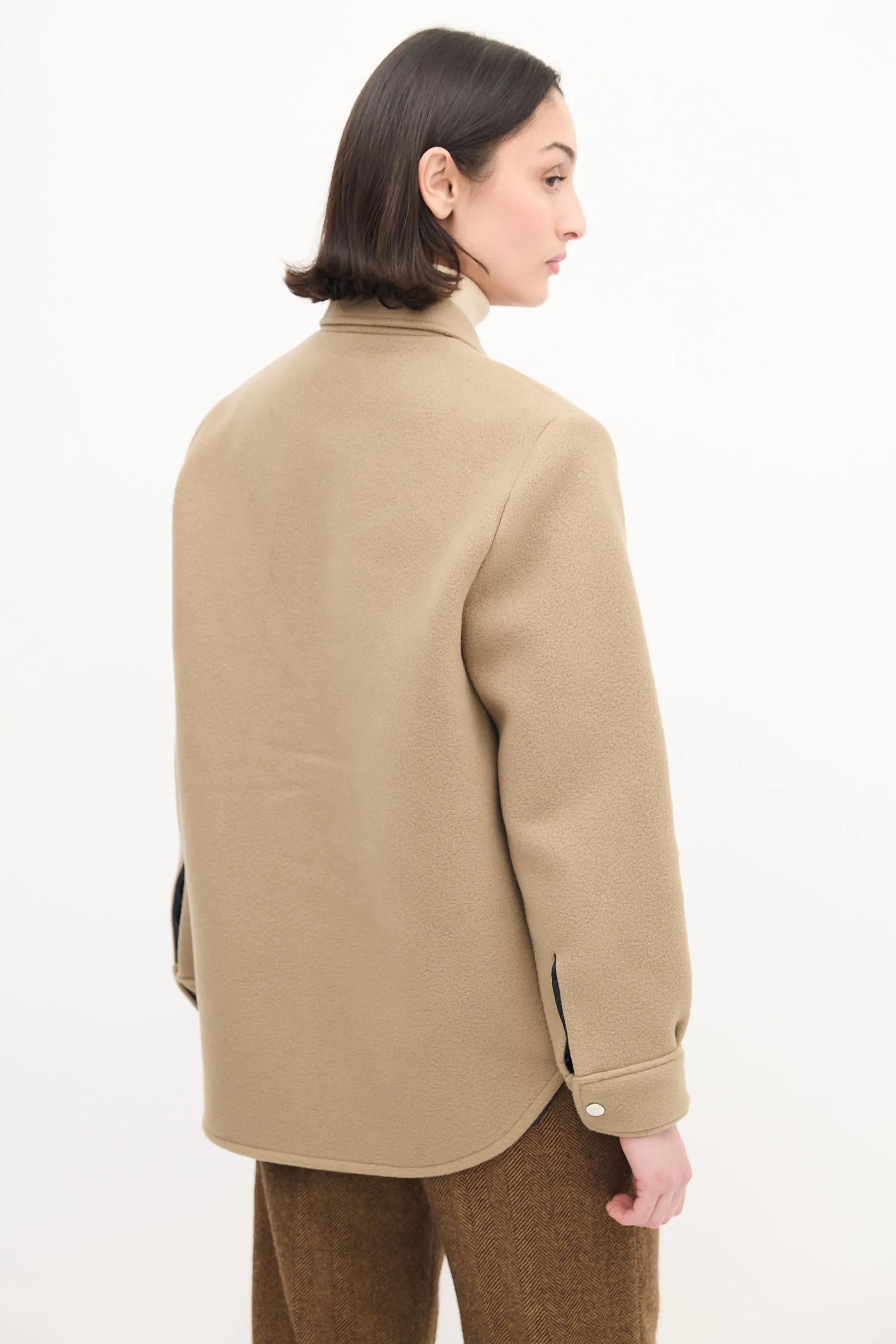 Beige Wool Snap Button Up Shirt