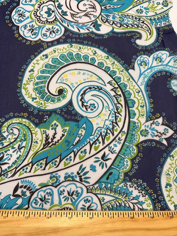 Blue Floral Paisley Print Poly Chiffon Fabric