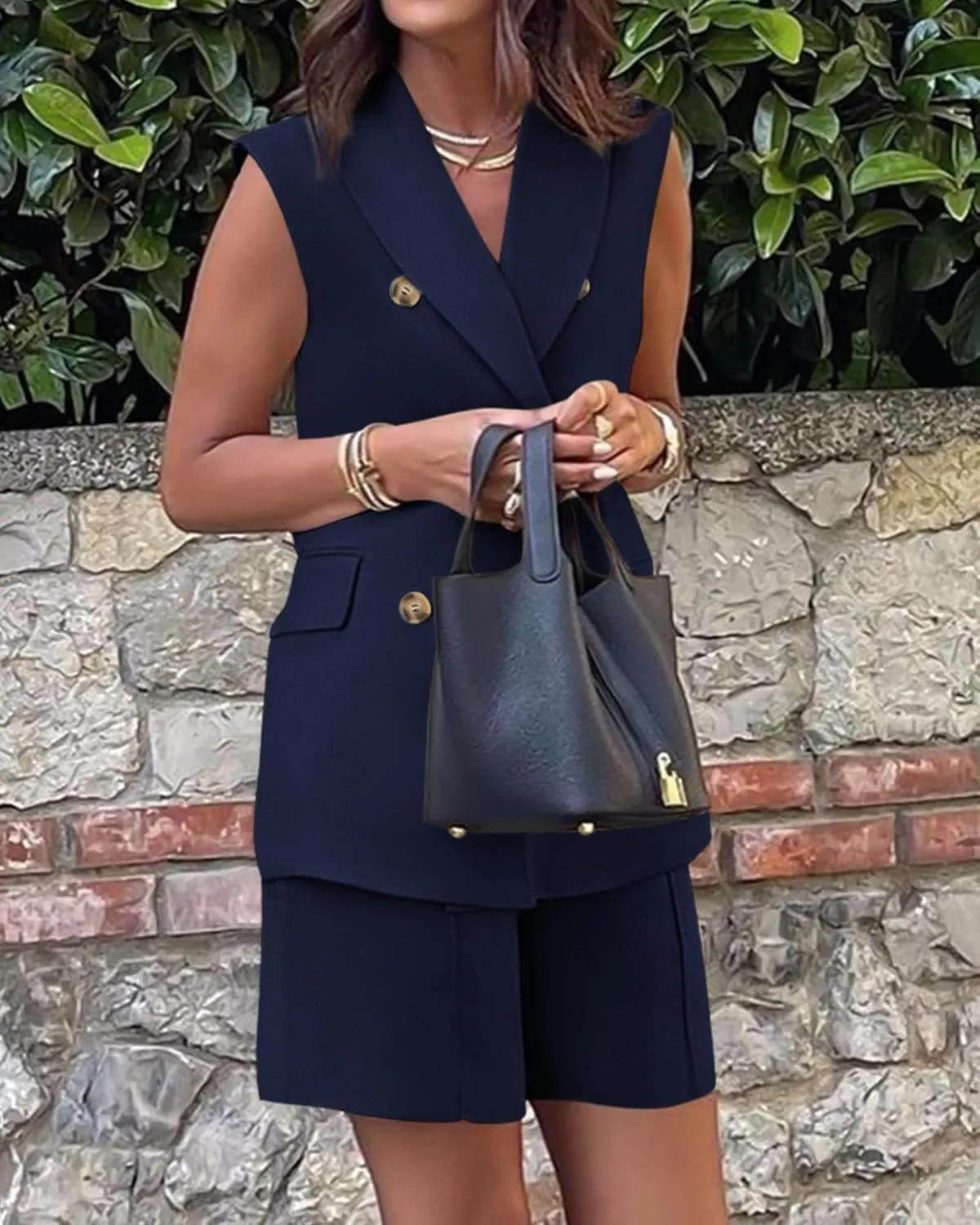 BTFBM Womens Blazer Vest Shorts Sets Lapel Neck Casual Sleeveless Button Down Office Summer 2 Piece Lounge Matching Sets