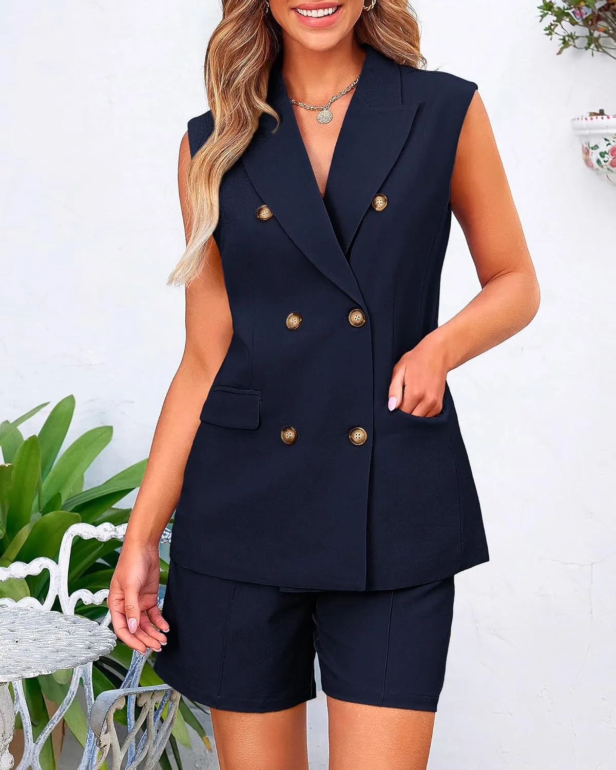BTFBM Womens Blazer Vest Shorts Sets Lapel Neck Casual Sleeveless Button Down Office Summer 2 Piece Lounge Matching Sets