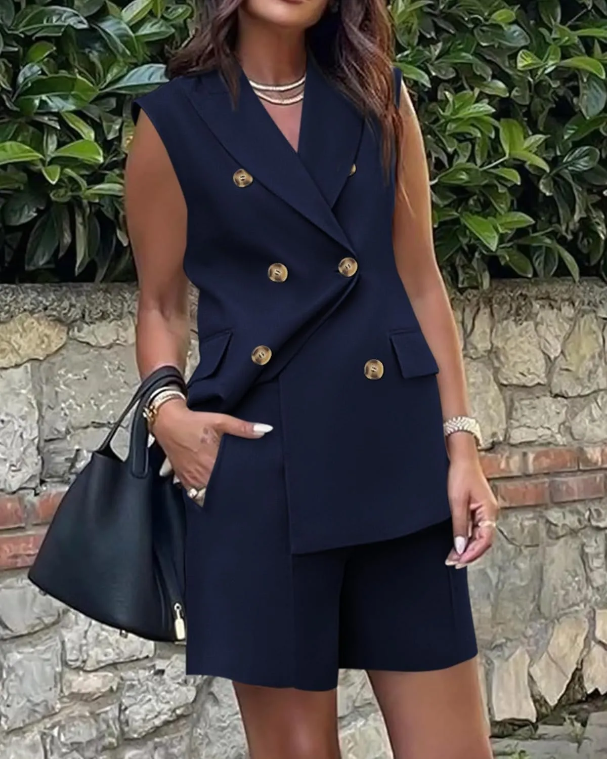 BTFBM Womens Blazer Vest Shorts Sets Lapel Neck Casual Sleeveless Button Down Office Summer 2 Piece Lounge Matching Sets