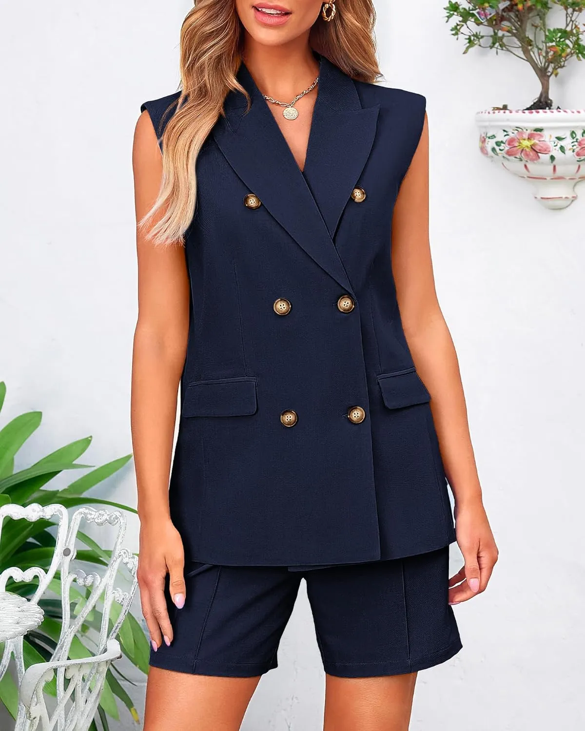 BTFBM Womens Blazer Vest Shorts Sets Lapel Neck Casual Sleeveless Button Down Office Summer 2 Piece Lounge Matching Sets