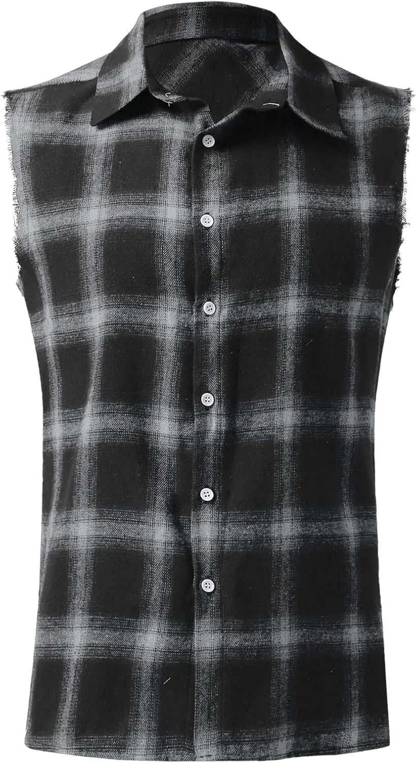 Burband Men's Muscle Cut Off Shirts Slim Fit Button Down Vests Vintage Cowboy Plaid Sleeveless Tops Flannel Shirts