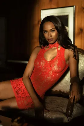 Choker Neck Sheer Lace Bodystocking Dress