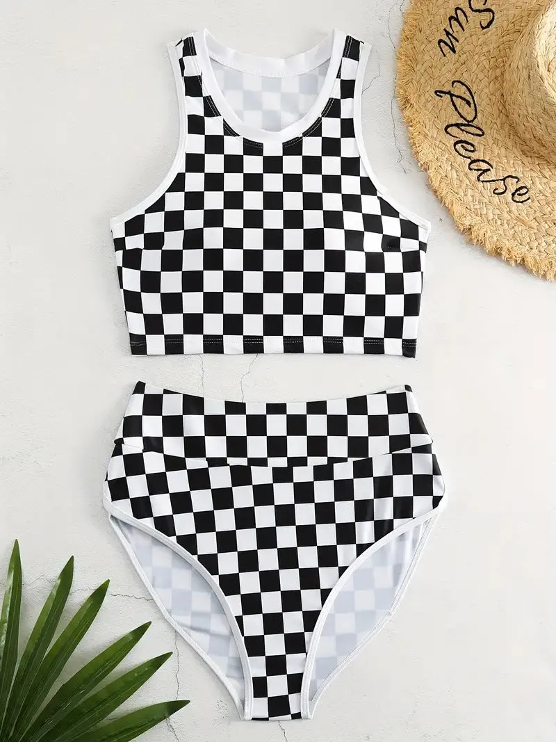 Color Block Checkerboard Plaid Two Piece Swimsuit Round Neck Sleeveless Tank Top High Waisted Bikini With Swim Shorts