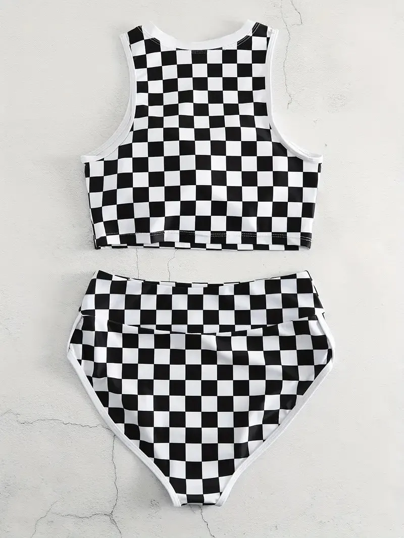 Color Block Checkerboard Plaid Two Piece Swimsuit Round Neck Sleeveless Tank Top High Waisted Bikini With Swim Shorts