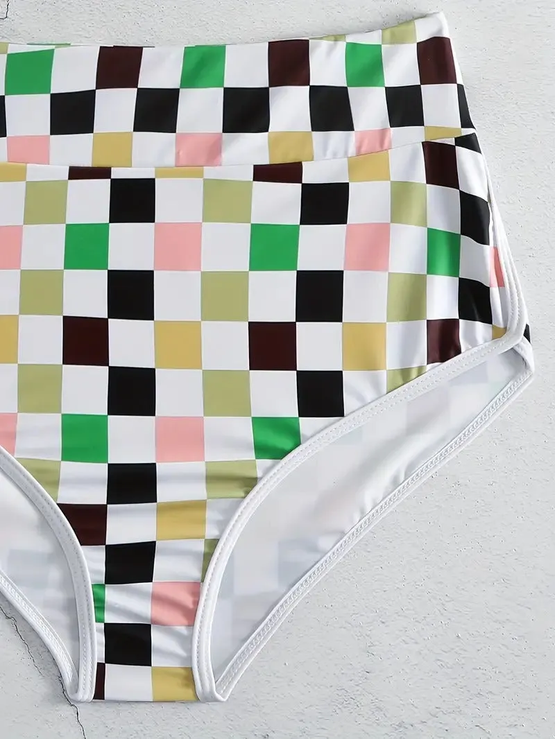 Color Block Checkerboard Plaid Two Piece Swimsuit Round Neck Sleeveless Tank Top High Waisted Bikini With Swim Shorts
