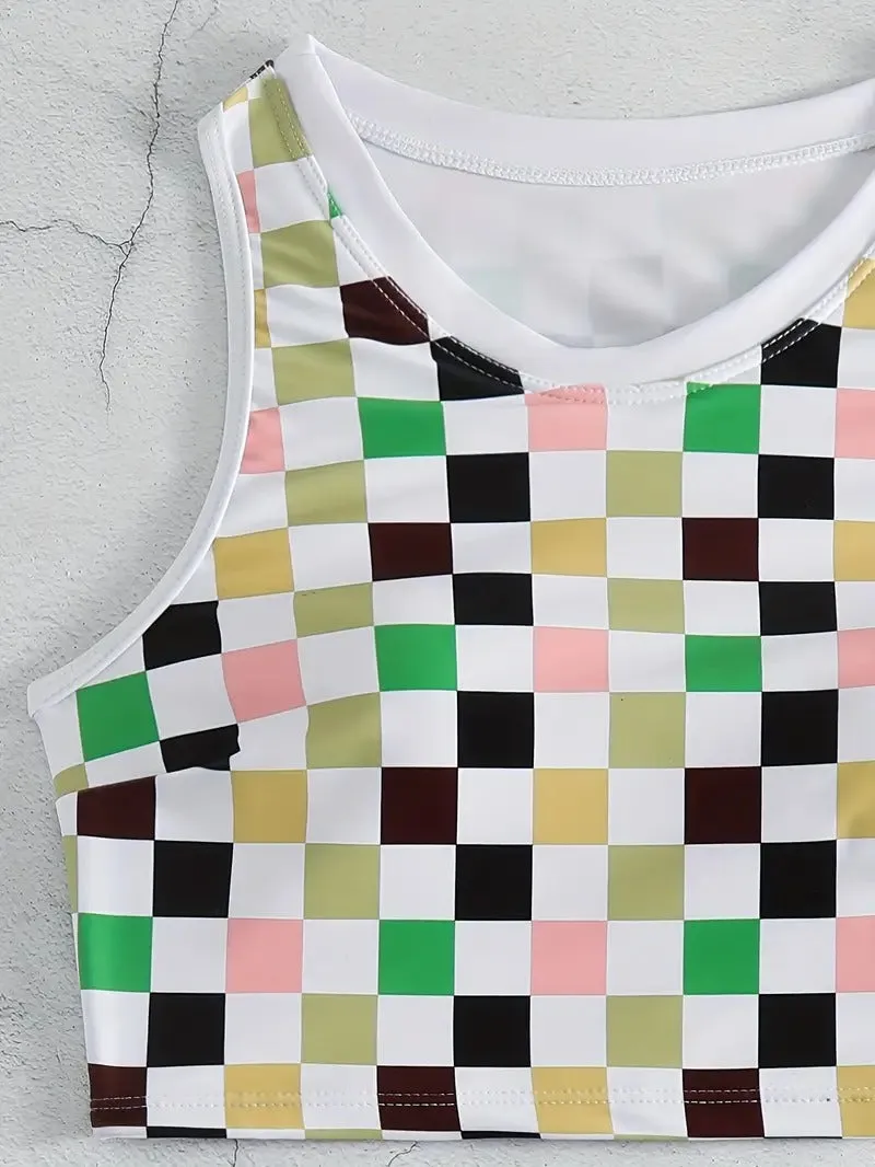 Color Block Checkerboard Plaid Two Piece Swimsuit Round Neck Sleeveless Tank Top High Waisted Bikini With Swim Shorts