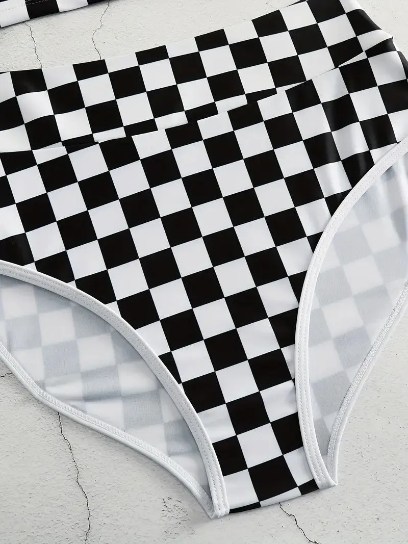 Color Block Checkerboard Plaid Two Piece Swimsuit Round Neck Sleeveless Tank Top High Waisted Bikini With Swim Shorts