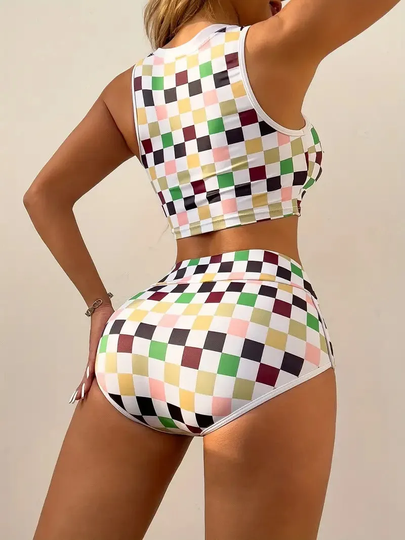 Color Block Checkerboard Plaid Two Piece Swimsuit Round Neck Sleeveless Tank Top High Waisted Bikini With Swim Shorts