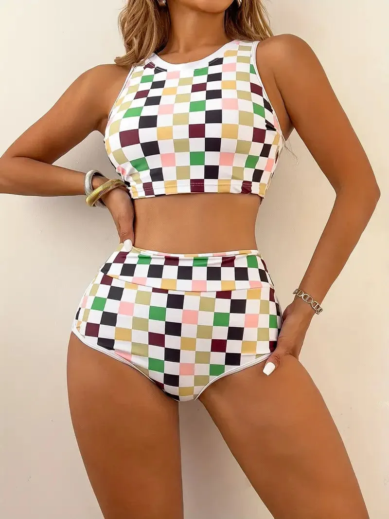 Color Block Checkerboard Plaid Two Piece Swimsuit Round Neck Sleeveless Tank Top High Waisted Bikini With Swim Shorts