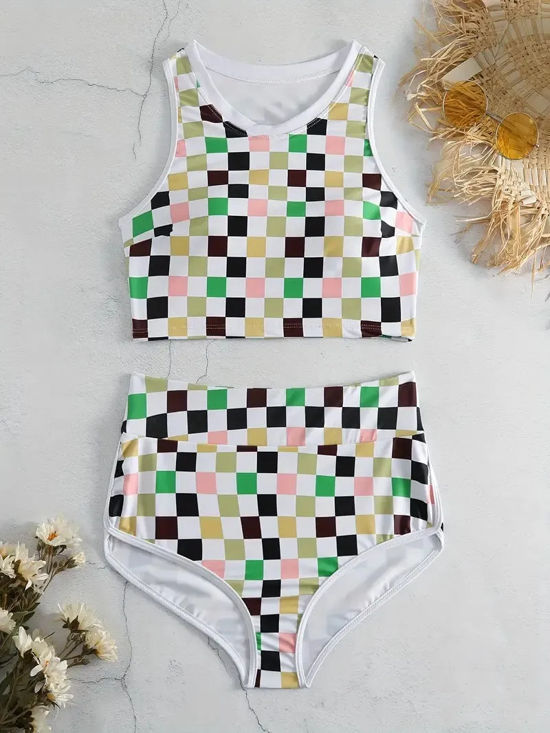 Color Block Checkerboard Plaid Two Piece Swimsuit Round Neck Sleeveless Tank Top High Waisted Bikini With Swim Shorts