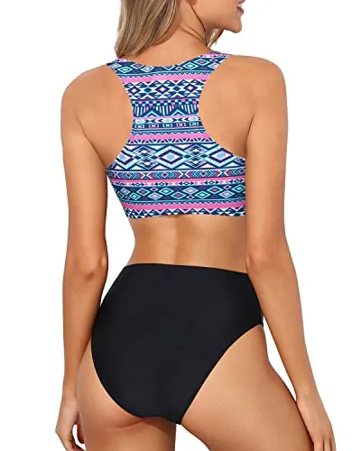 Crop Top High Waisted Two Piece Bikini For Large Breasted Women-Blue Tribal