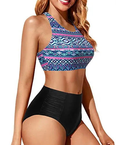 Crop Top High Waisted Two Piece Bikini For Large Breasted Women-Blue Tribal