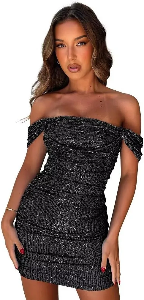 DREAMIND Short Sparkly Homecoming Dresses for Teens Off The Shoulder Mini Tight Prom Dresses Ruched Cocktail Party Gowns