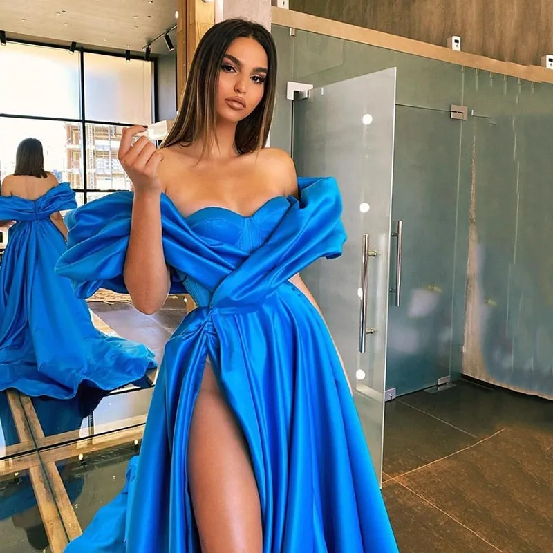 Eightree Arabic Prom Party Dresses High Split Robe De Soiree Royal Blue Evening Gowns Long Off Shoulder Celebrity Dress