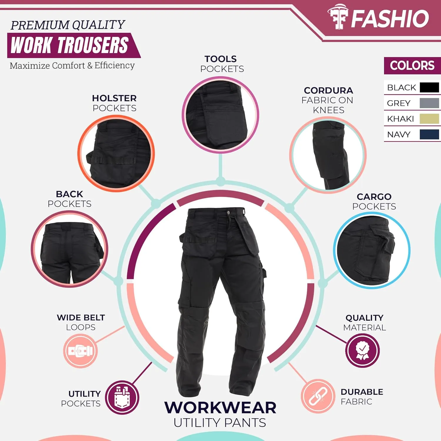 FASHIO FF Men's Tactical Field Cargo Pants Knee Reinforced Work Pants with Holster Tool & Utility Pockets Cordura Trousers