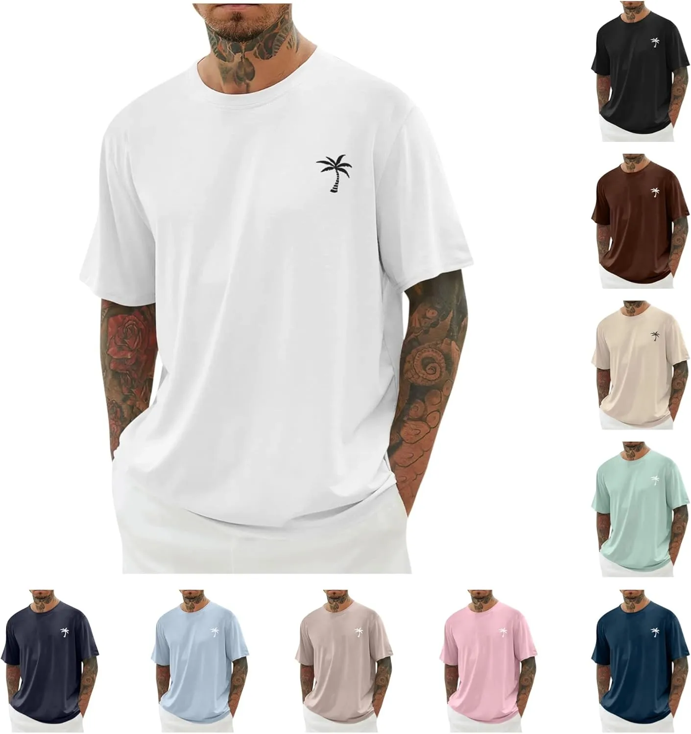Finelylove T Shirts for Man Palm Tree Printed Graphic Tees Casual Summer Hawaiian Beach Tops Short Sleeve Crewneck Shirts