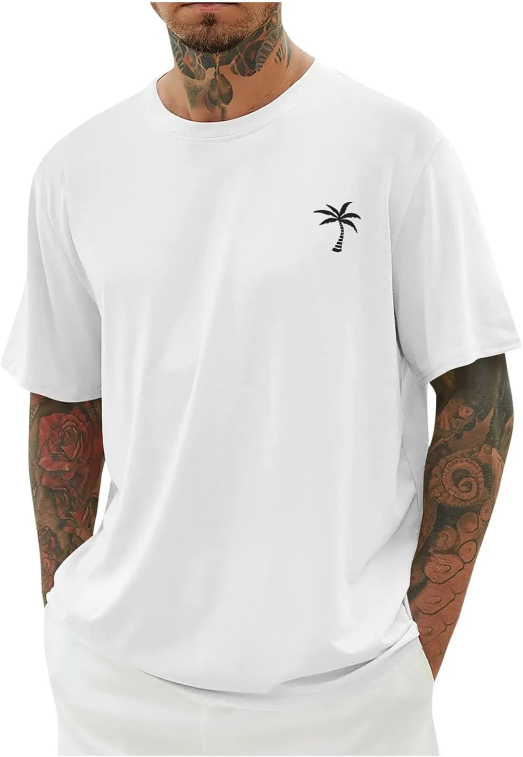 Finelylove T Shirts for Man Palm Tree Printed Graphic Tees Casual Summer Hawaiian Beach Tops Short Sleeve Crewneck Shirts