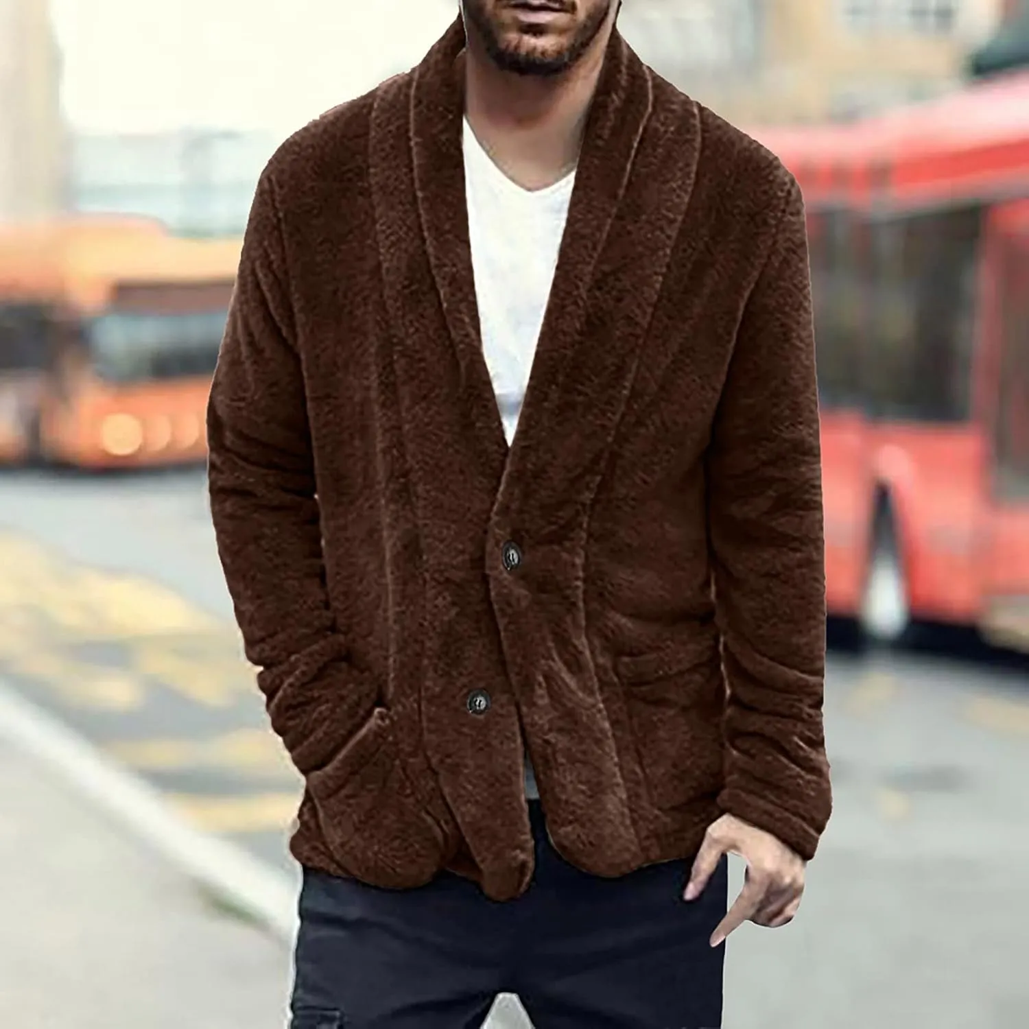 Fuzzy Sherpa Jacket for Men Button Down Front Winter Coat Dape Cape Cardigan Fleece Cozy Jackets Slim Fit Outwear