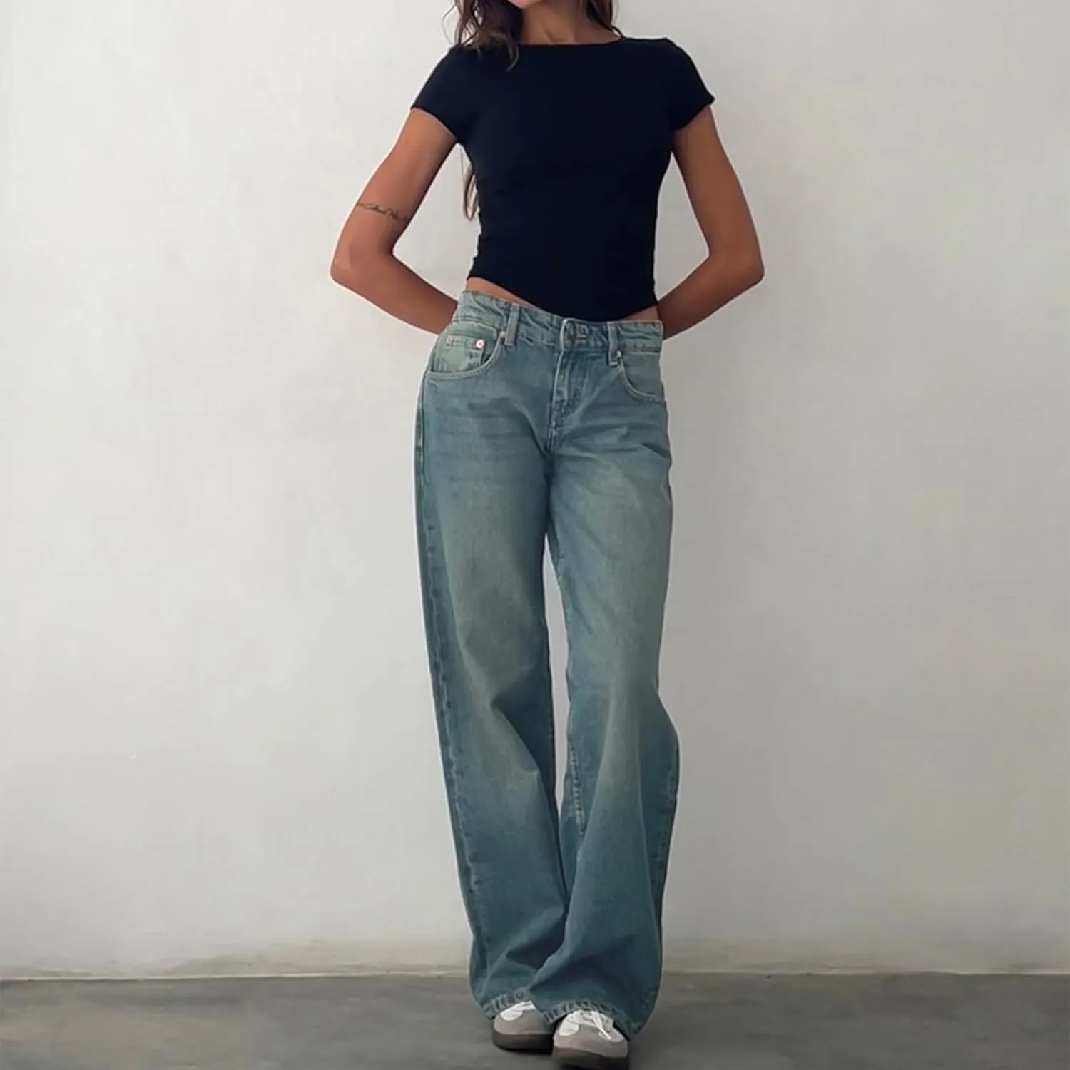 Giraropa Women Y2k Low Rise Jeans Vintage Baggy Straight Wide Leg Boyfriend Jeans Casual Loose Fit Long Denim Pants