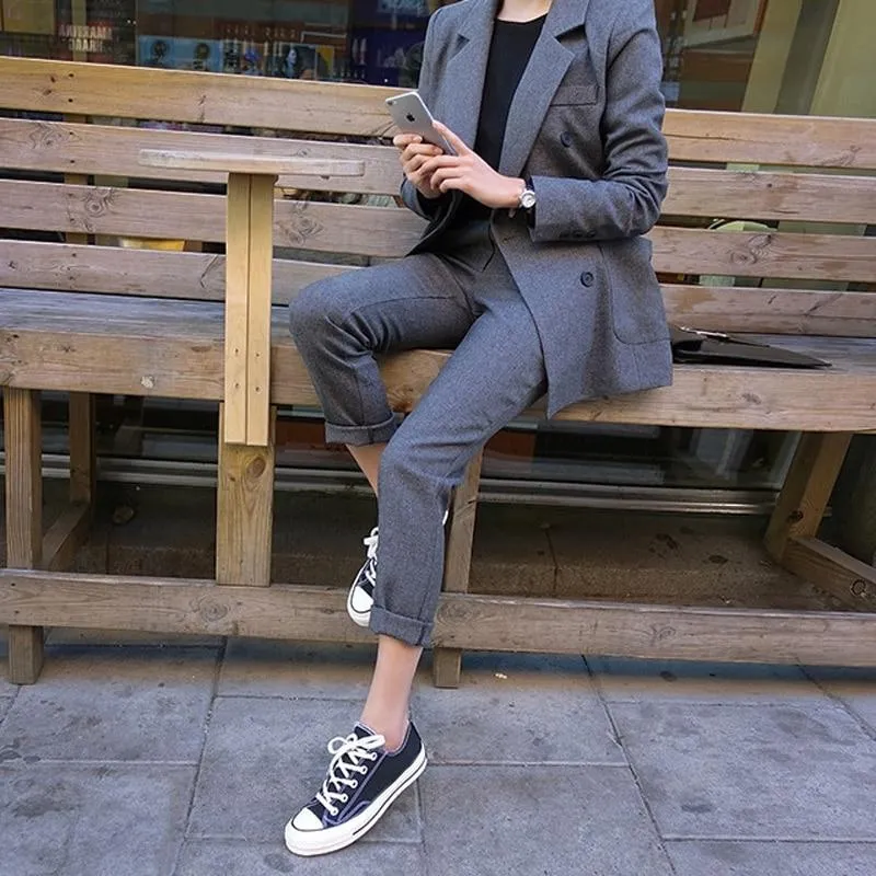 Grey Blazer Jacket & Zipper Trousers Suit Set