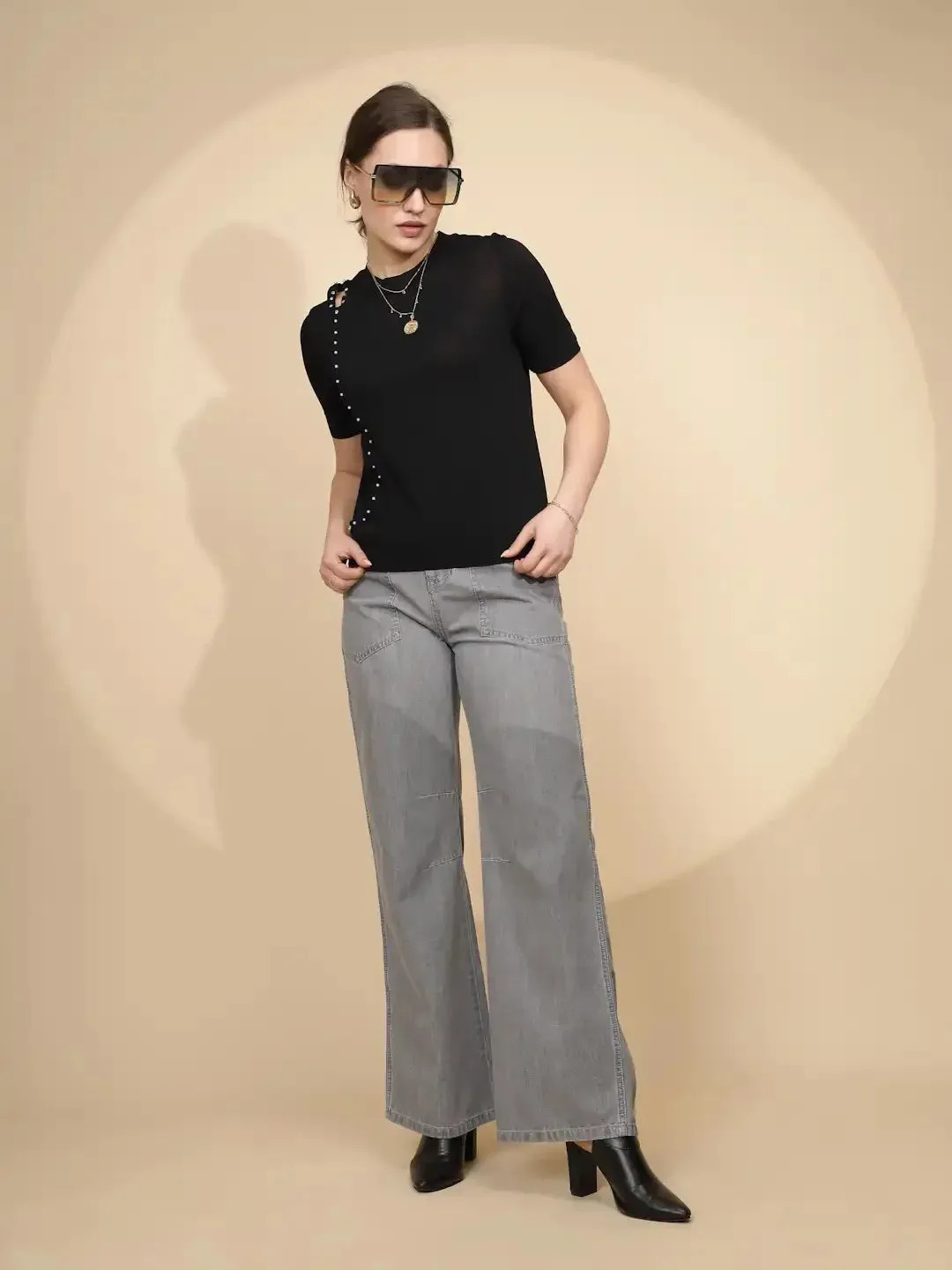 Grey Cotton Straight Loose Fit Jeans For Women