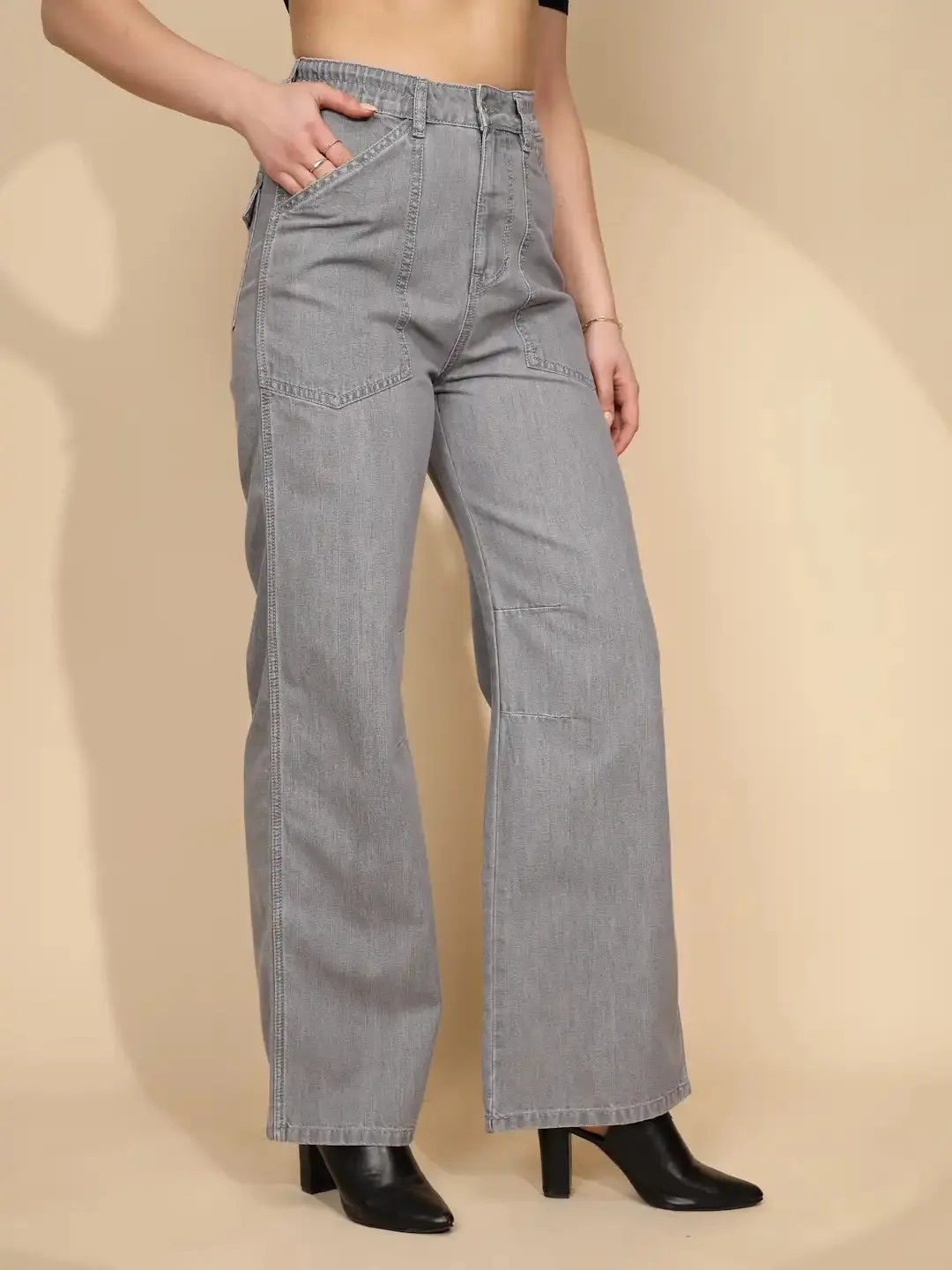 Grey Cotton Straight Loose Fit Jeans For Women