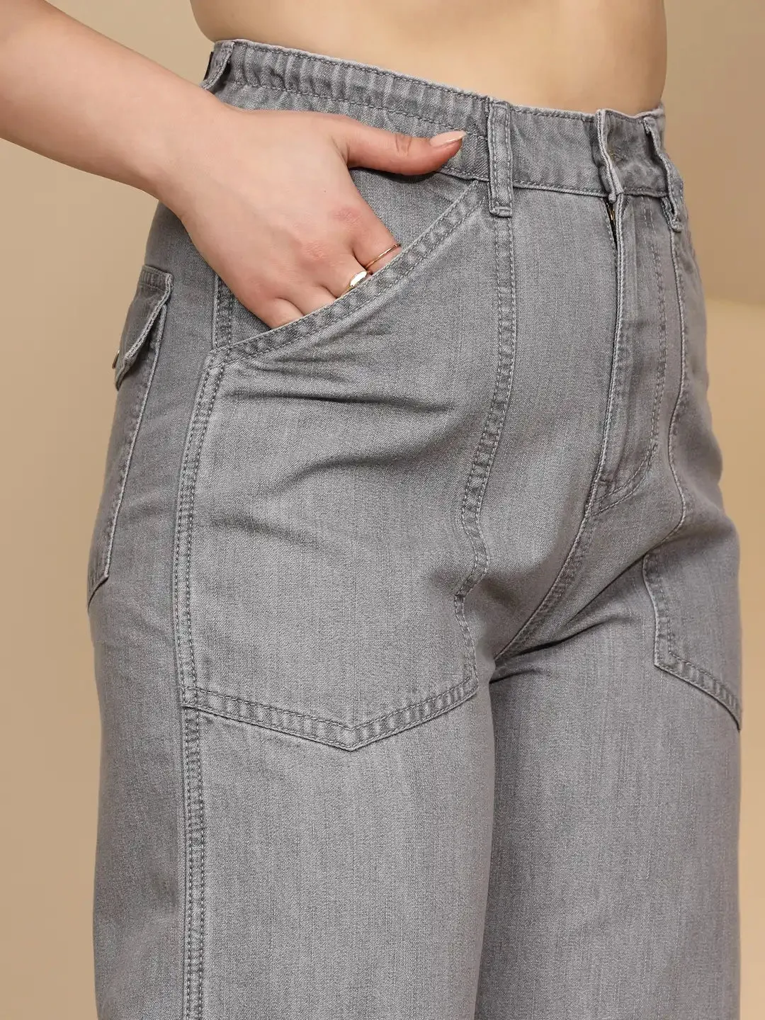 Grey Cotton Straight Loose Fit Jeans For Women