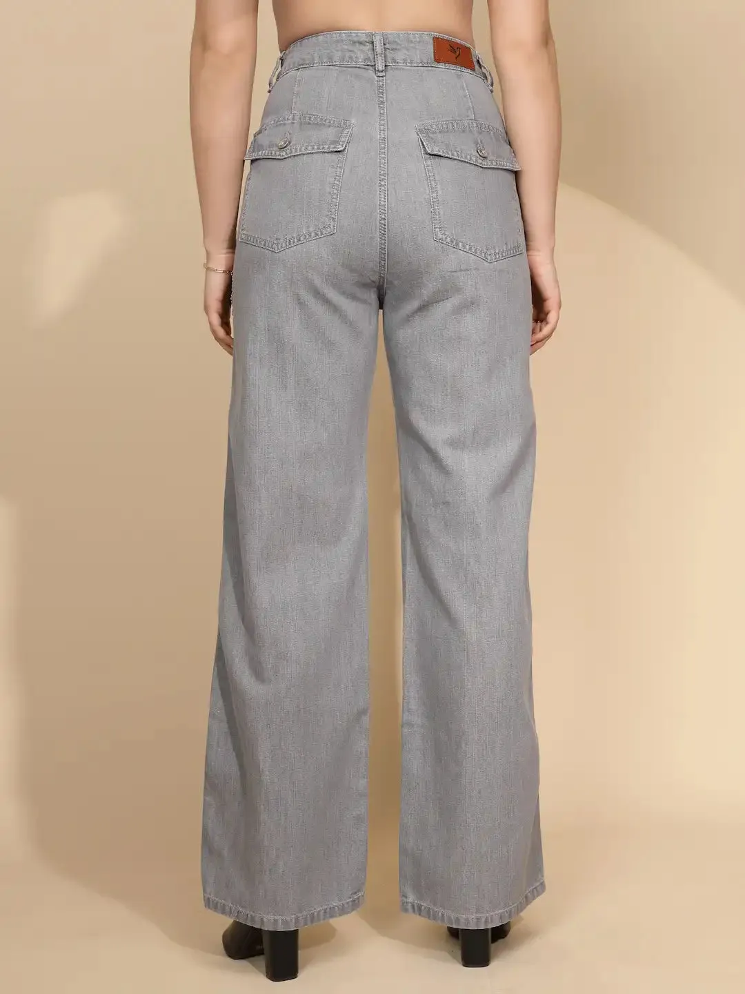 Grey Cotton Straight Loose Fit Jeans For Women