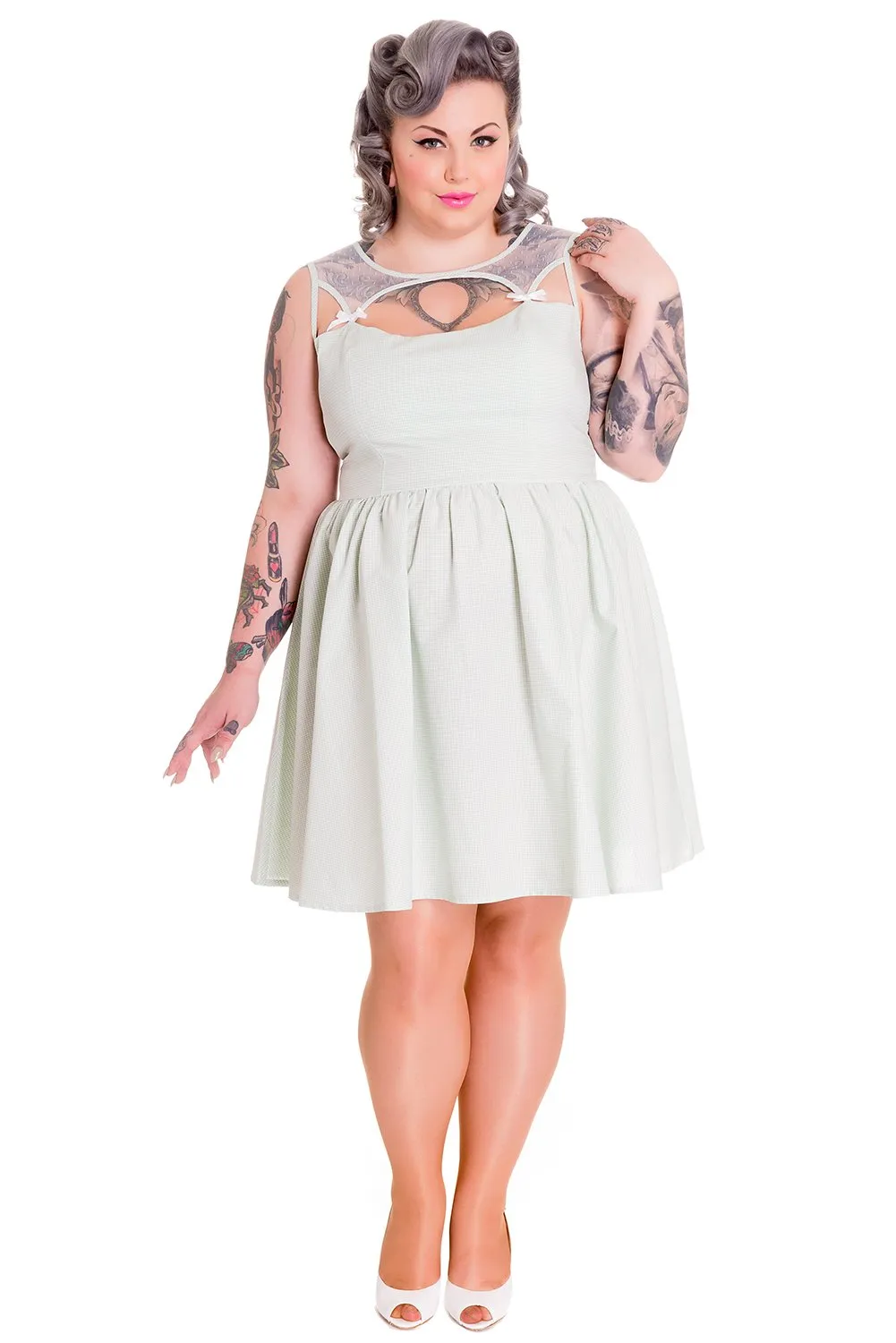 Hell Bunny Alice in the Wonderland Mint Green Gingham Check Sheer Top Party Dress