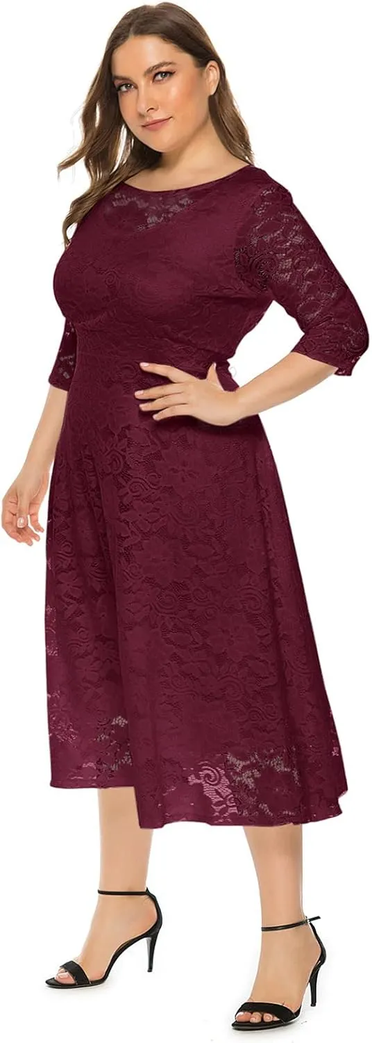 IWEMEK Women Plus Size Floral Lace 3/4 Sleeve Wedding Cocktail Swing Midi Dress with Pockets Casual Evening Party Prom Dress