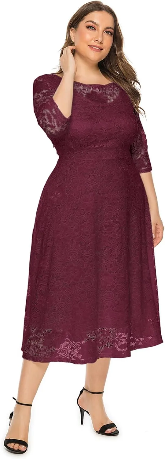 IWEMEK Women Plus Size Floral Lace 3/4 Sleeve Wedding Cocktail Swing Midi Dress with Pockets Casual Evening Party Prom Dress