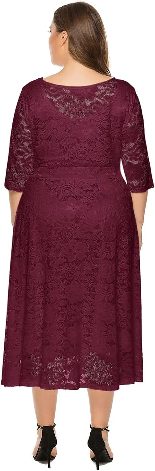 IWEMEK Women Plus Size Floral Lace 3/4 Sleeve Wedding Cocktail Swing Midi Dress with Pockets Casual Evening Party Prom Dress