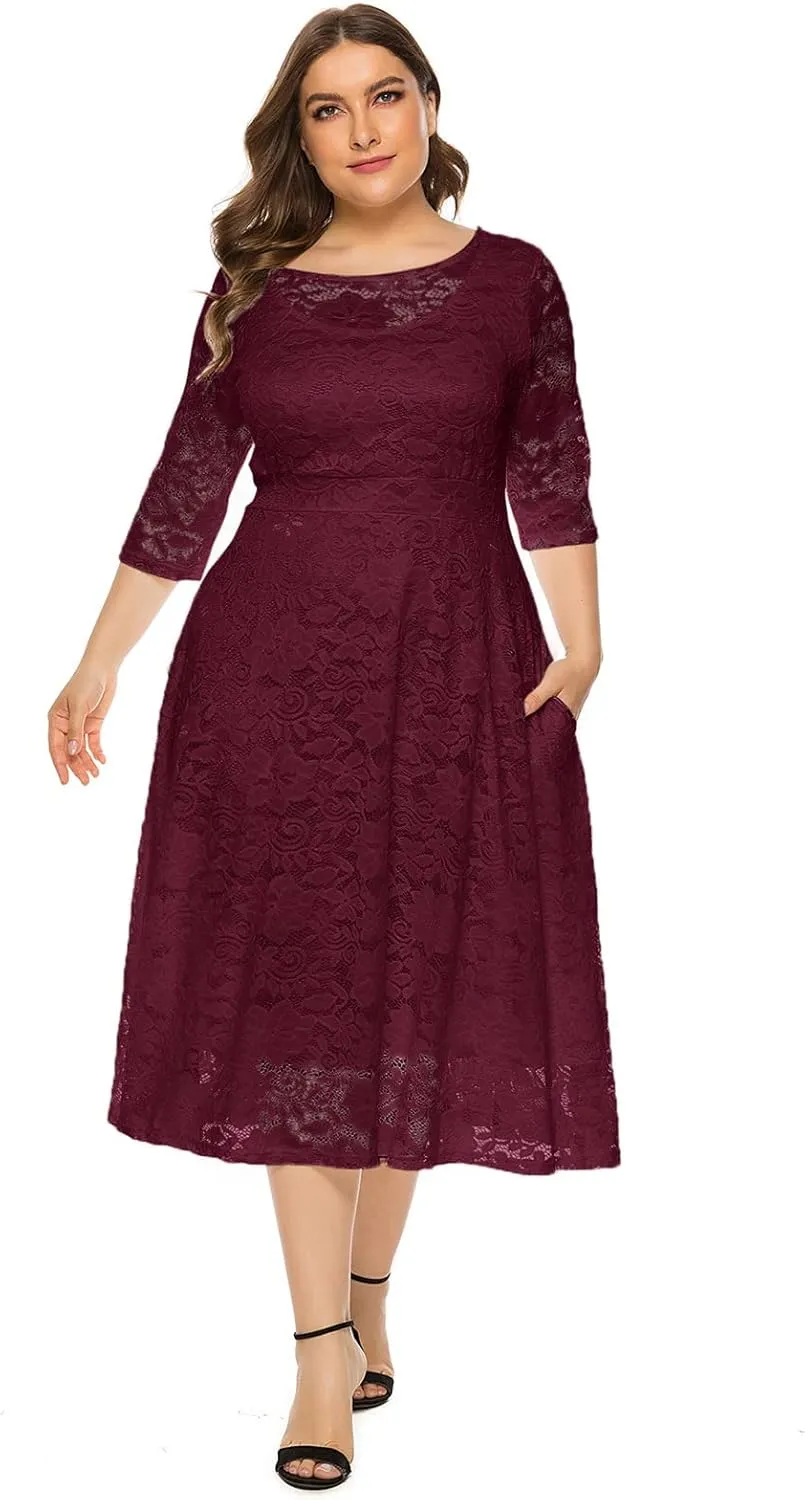 IWEMEK Women Plus Size Floral Lace 3/4 Sleeve Wedding Cocktail Swing Midi Dress with Pockets Casual Evening Party Prom Dress