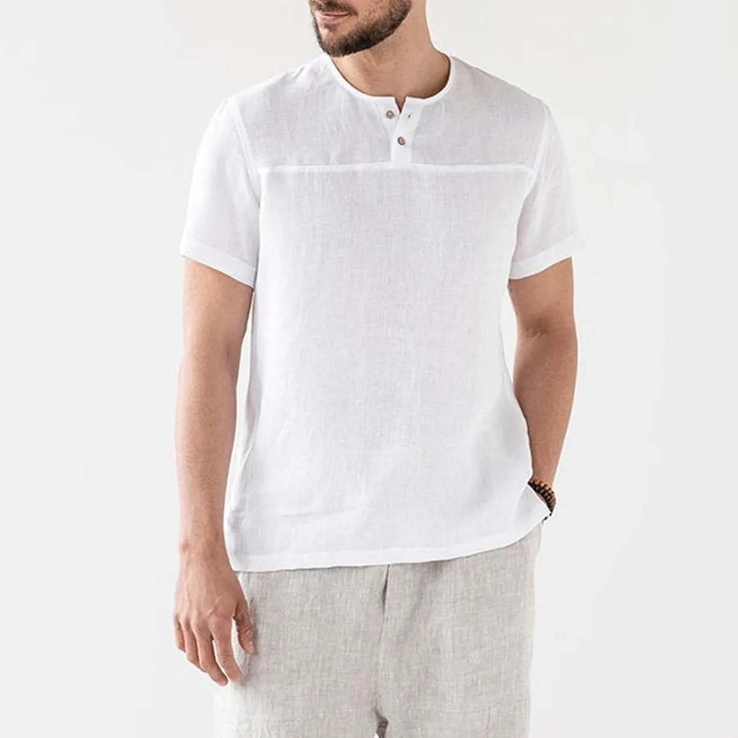 Linen Henley Shirt for Men Summer Solid Casual Trendy Tees Lightweight Breathable Athletic-Fit Button Up Beach Tops