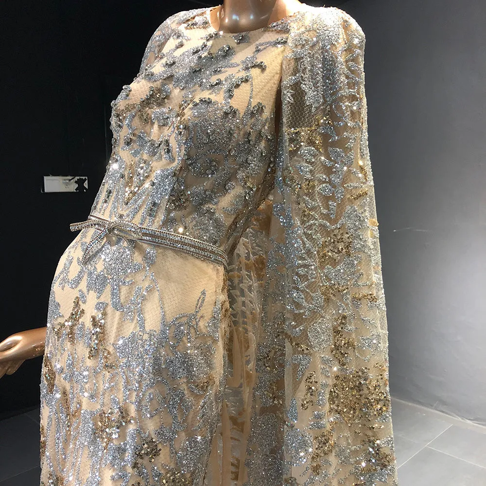 Luxury Sequin Champagne Evening Dress with Cape SS569
