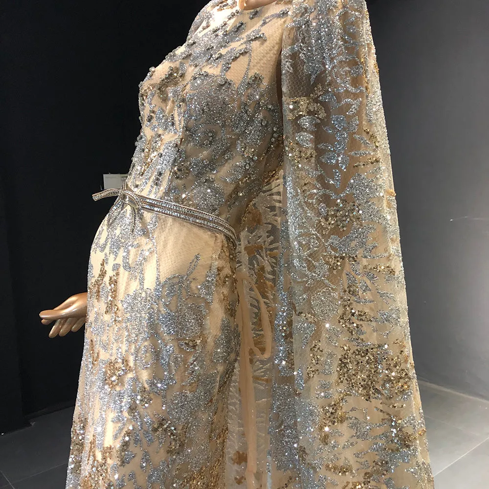 Luxury Sequin Champagne Evening Dress with Cape SS569