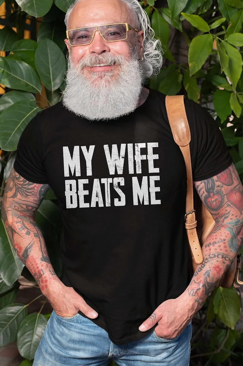 Men's Funny Tee Shirt Husband Birthday Sarcastic My Wife Beats me Humor Tshirt Papa dad T-Shirt