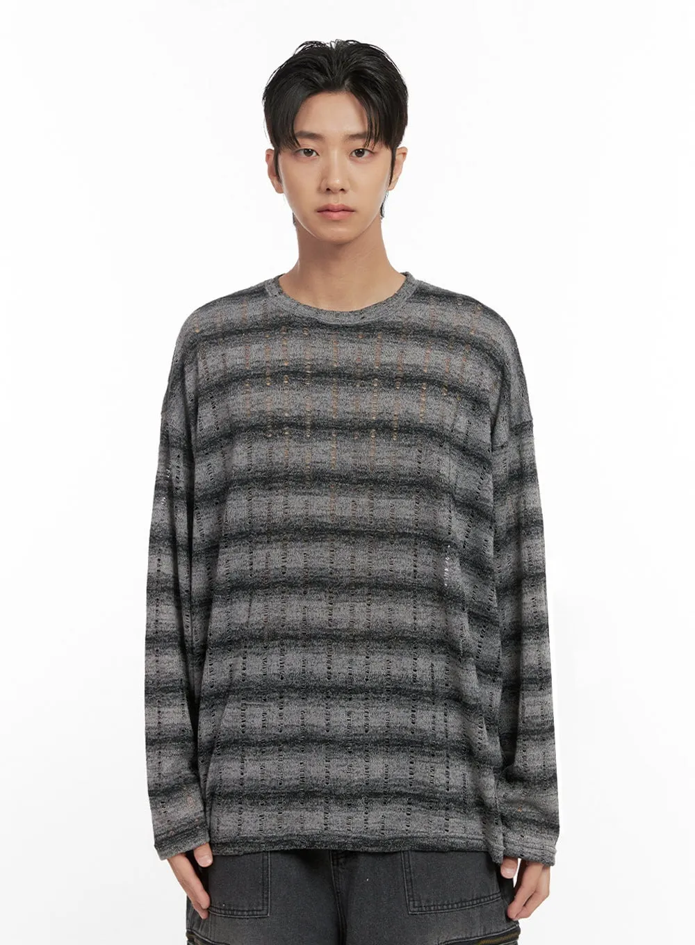 Men's Loose Fit Long Sleeve Stripe Tee ID413