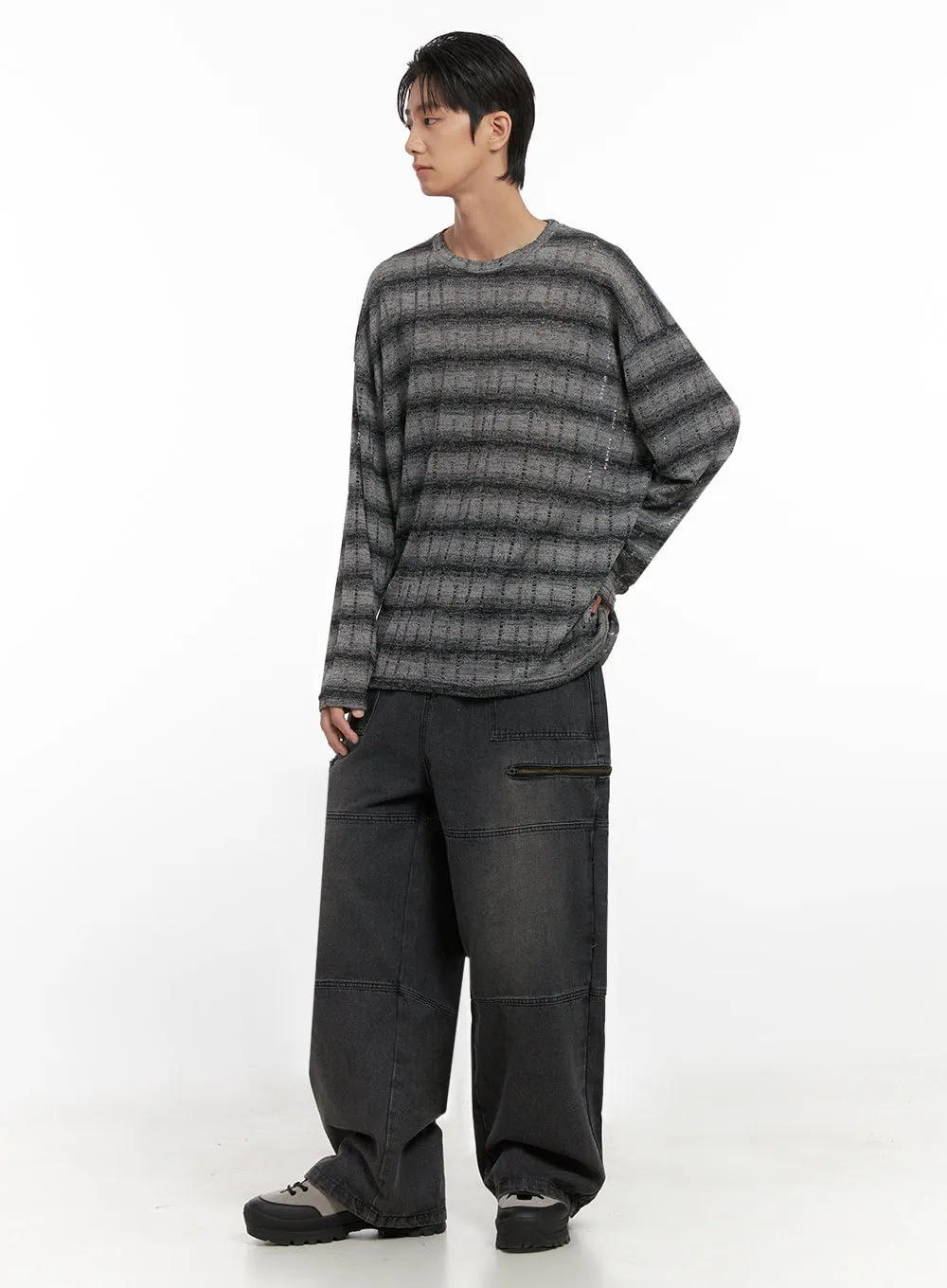 Men's Loose Fit Long Sleeve Stripe Tee ID413