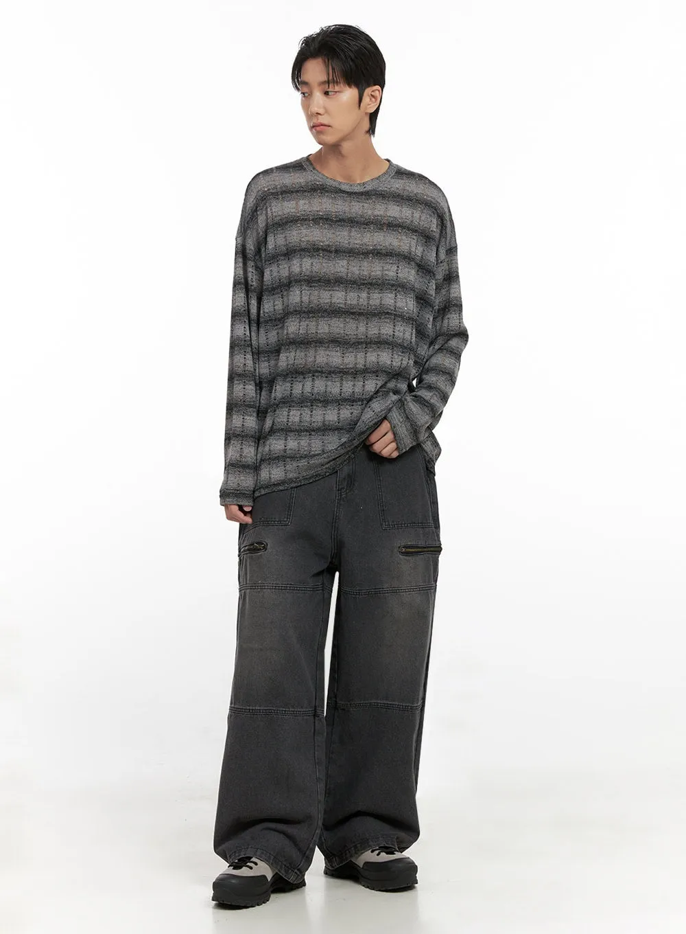 Men's Loose Fit Long Sleeve Stripe Tee ID413