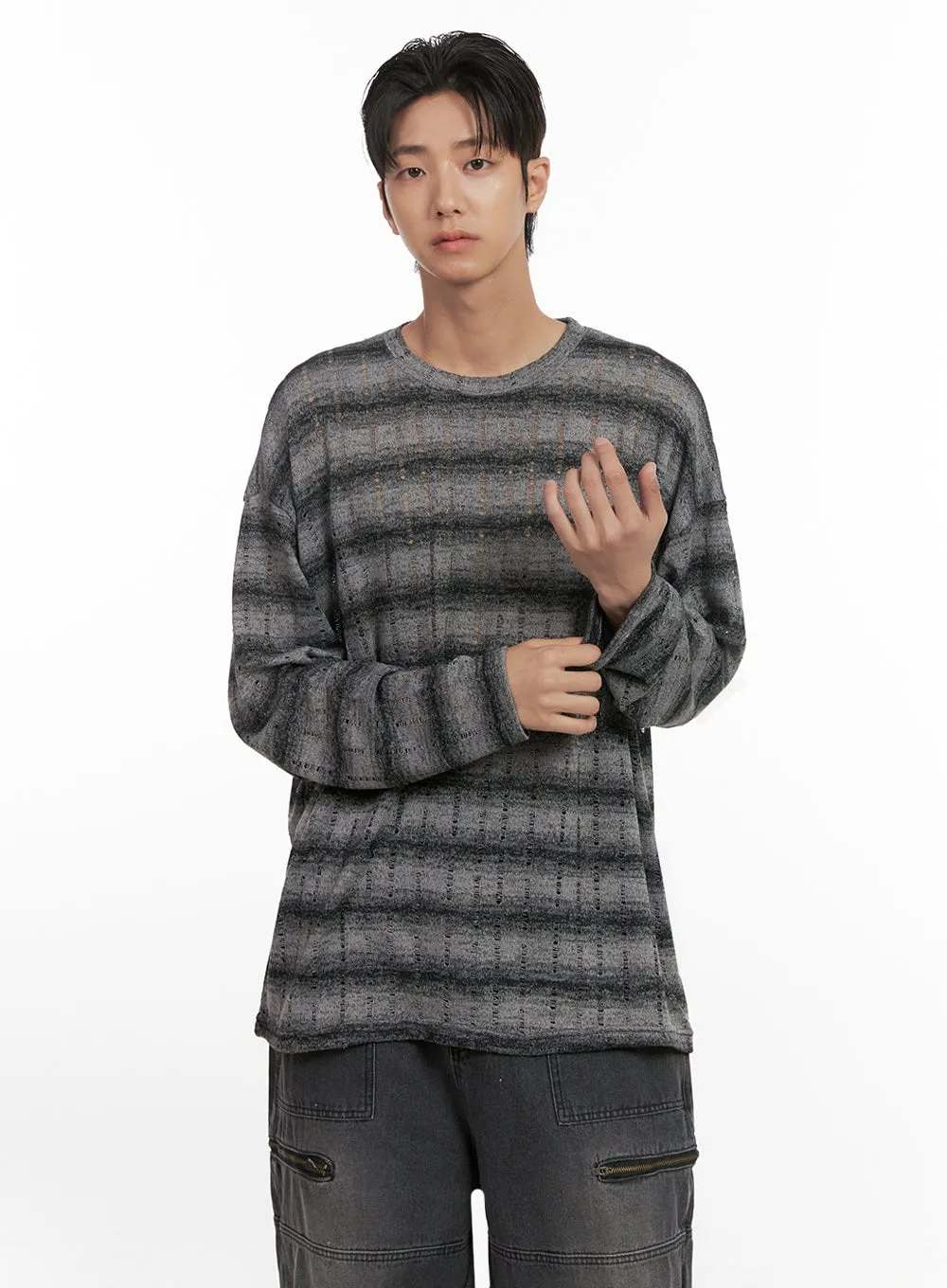 Men's Loose Fit Long Sleeve Stripe Tee ID413