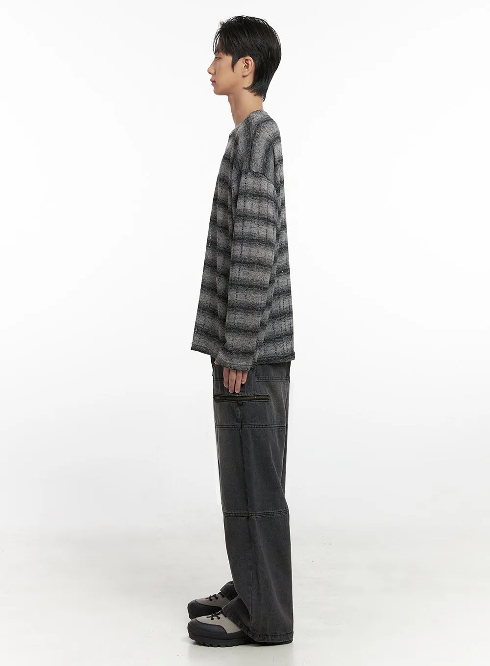 Men's Loose Fit Long Sleeve Stripe Tee ID413