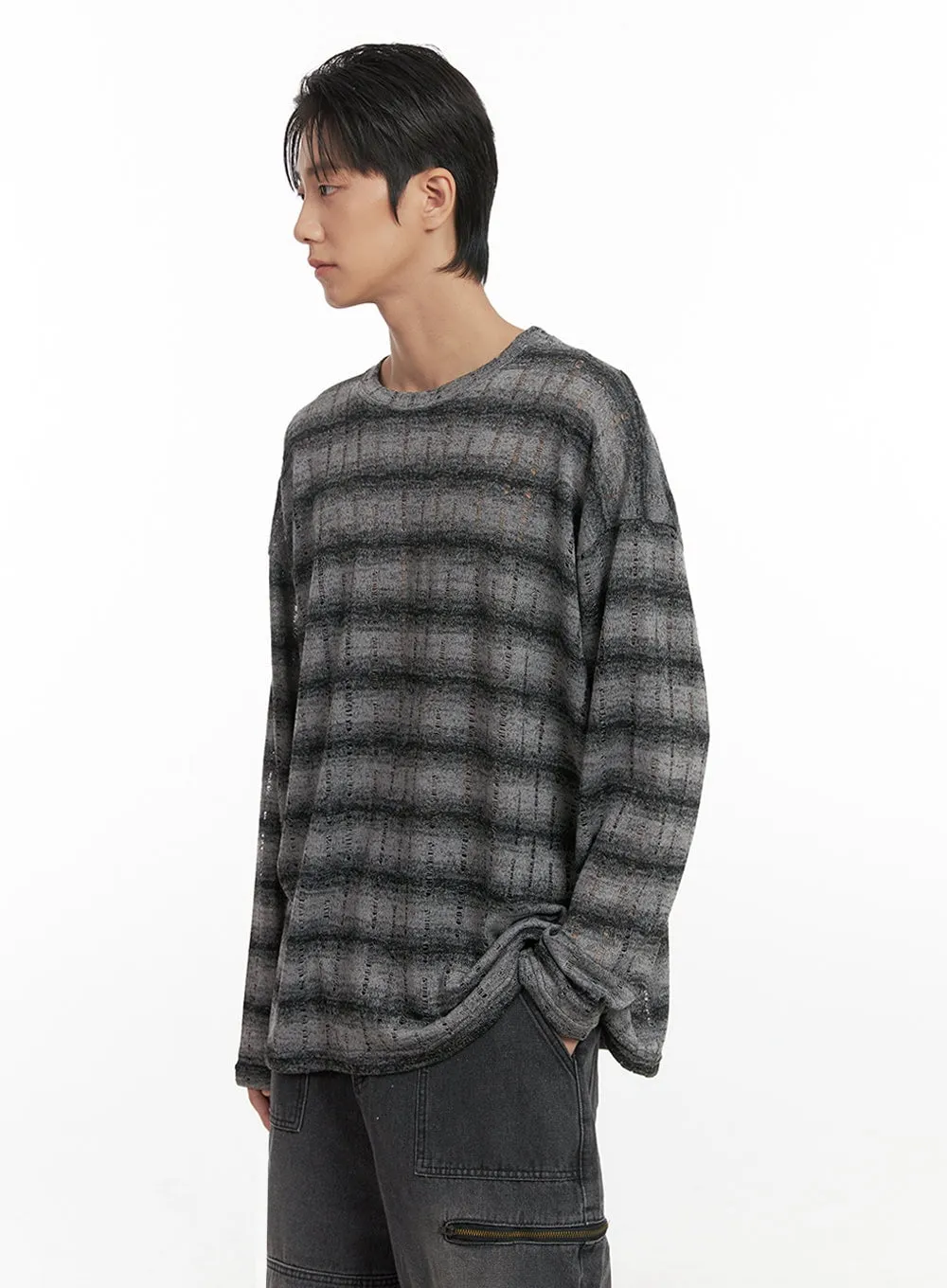 Men's Loose Fit Long Sleeve Stripe Tee ID413