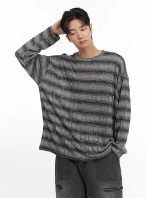 Men's Loose Fit Long Sleeve Stripe Tee ID413